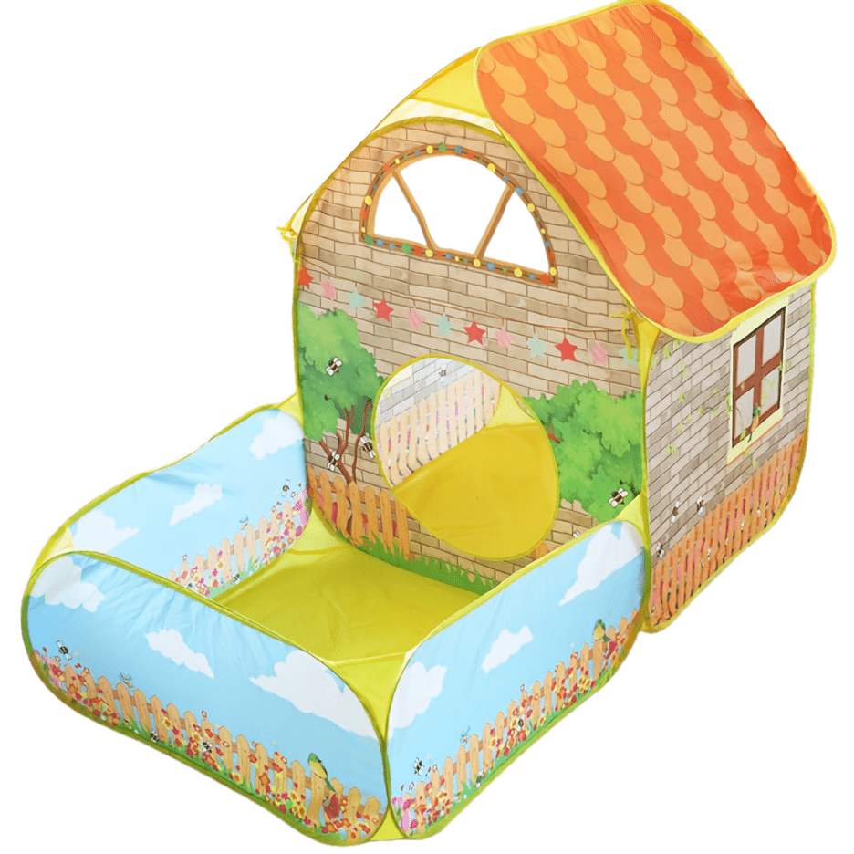 TEMU Tente piscine à boules pour enfants, maison de jeu pour double, sûre et amusante ! en bois simulée et douillette avec paysage de dessin animé,