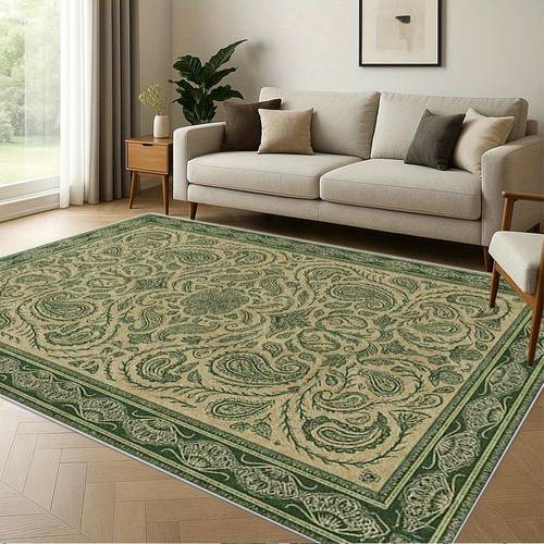 item picture velvet material with non slip plastic backing easy to clean foldable indoor mat area decoration rug vintage paisley pattern green and brown color scheme classic border design suitable for bedroom kitchen farmhouse holiday gift home decor