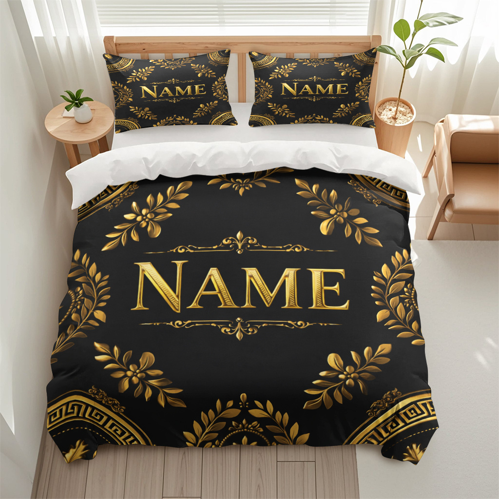 TEMU Customized 3pcs Golden Ornament Pattern Themed Bedding, Custom Name/text Bedding Of 3pcs (one Duvet Cover And 2 Pillowcases) For Bedroom Home