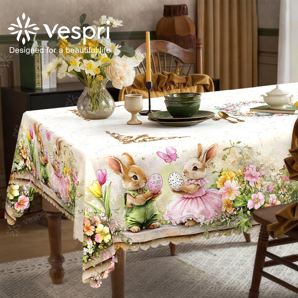 TEMU Easter Farmhouse Tablecloth, White And Pink Decorations, Rabbit And Flowers, Style, Round, Rectangle, Oval, Suitable For Spring And Summer,
