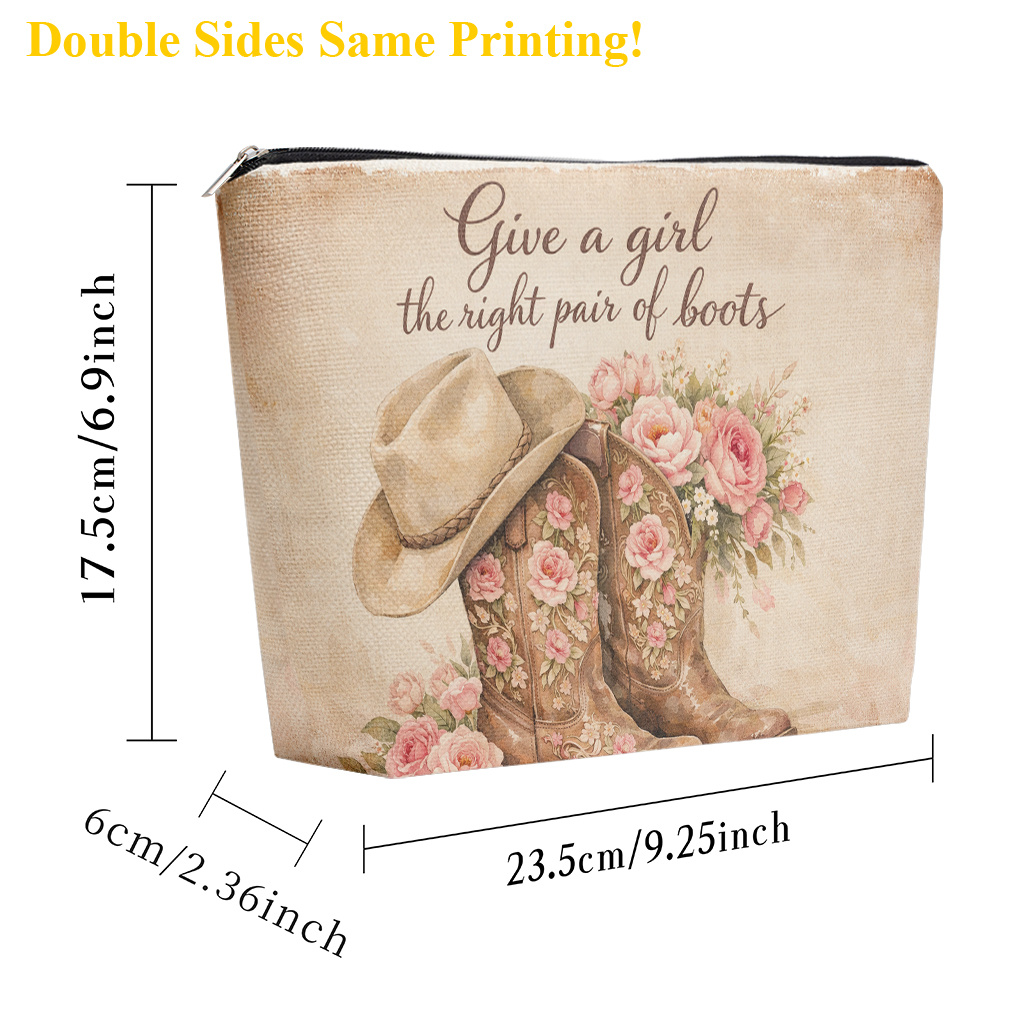 E-shop Make-up-Tasche ., Kosmetiktasche aus Leinen mit Cowboyhut- und Blumen-Stiefel-Design, Reißverschluss, Waschtasche mit großem Fassungsvermögen,