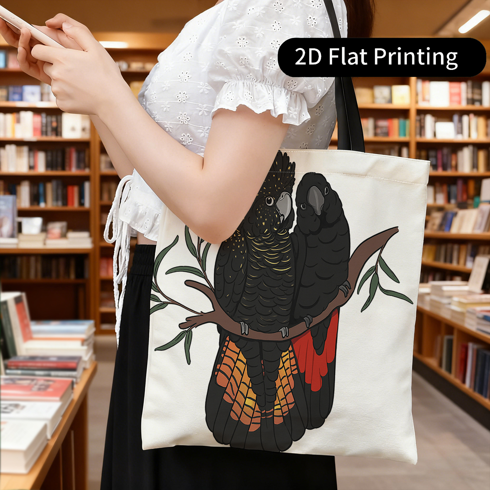 TEMU 1pc Double-sided Printed Handbag, Birds, , Perched On Branch Portable Shopping Bag, Storage Bag, Shoulder Bag, Multifunctional Tote Bag, No