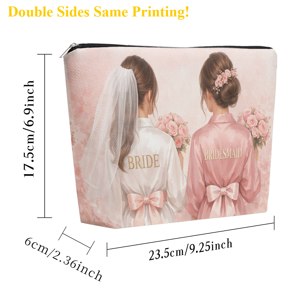 TEMU Makeup Bag 1pc, Bride And Bridesmaid Holding Flowers Cosmetic Bag With Zipper Closure, Large Capacity Toiletry Pouch, Cute Fashion Wallet