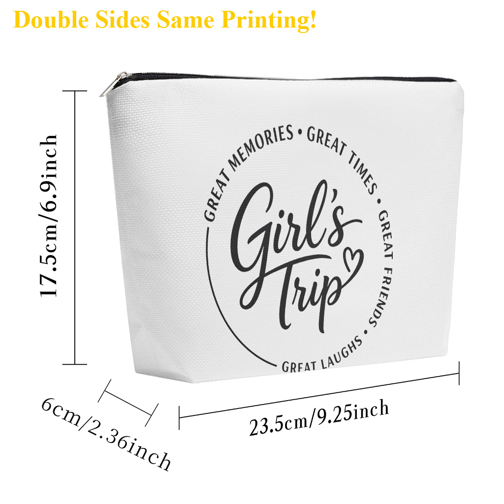 Image of Makeup Bag 1pc, Girls Trip Enjoys Linen Cosmetic Bag With Zipper Closure, Large Capacity Toiletry Pouch, Cute Fashion Wallet Portable Storage Bag, Travel Cosmetic Bag, Holiday Gift