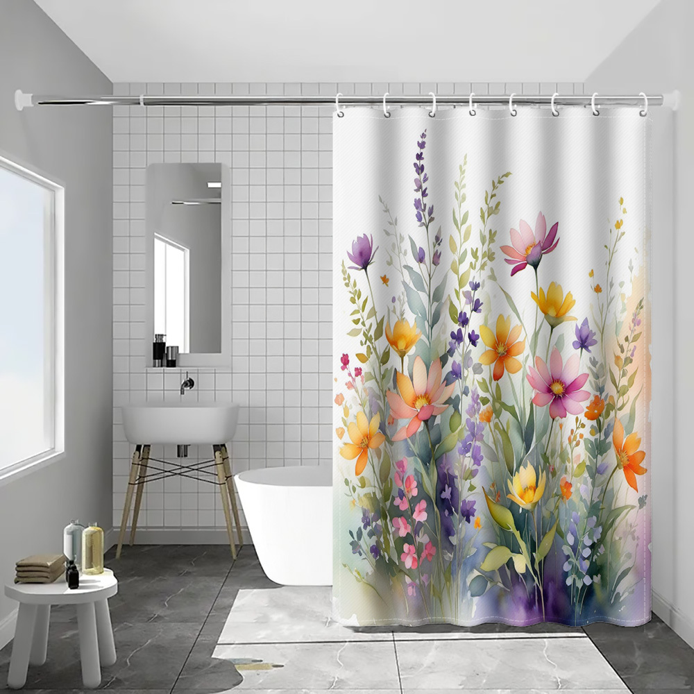 TEMU 1pc Of Watercolor Floral Patterned Shower Curtain, Modern Bathroom Home Decor With Plastic Hooks, Suitable For Home And Hotel Machine Washable