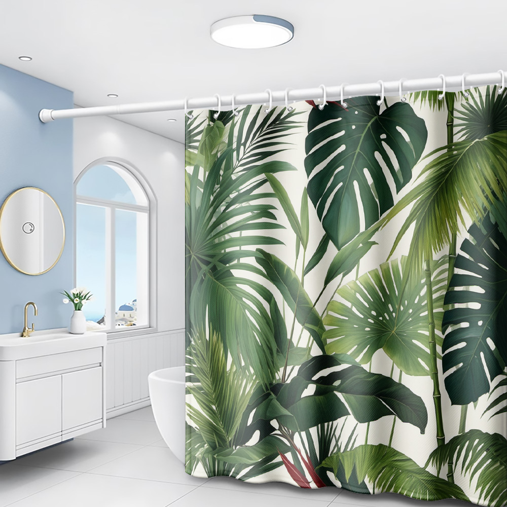 TEMU 1pc Tropical Plant Leaf Pattern Printed Shower Curtain, Modern Bathroom Home Decor With Plastic Hooks, Suitable For Home And Hotel, Machine