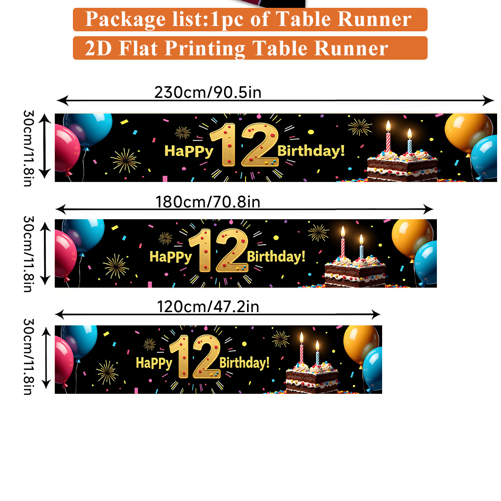 E-shop Tischläufer mit 2D-Flachdruck, ., Polyester-Rechteck-Tischläufer „Alles Gute zum zwölften Geburtstag“, Tischfahne für Empfang,