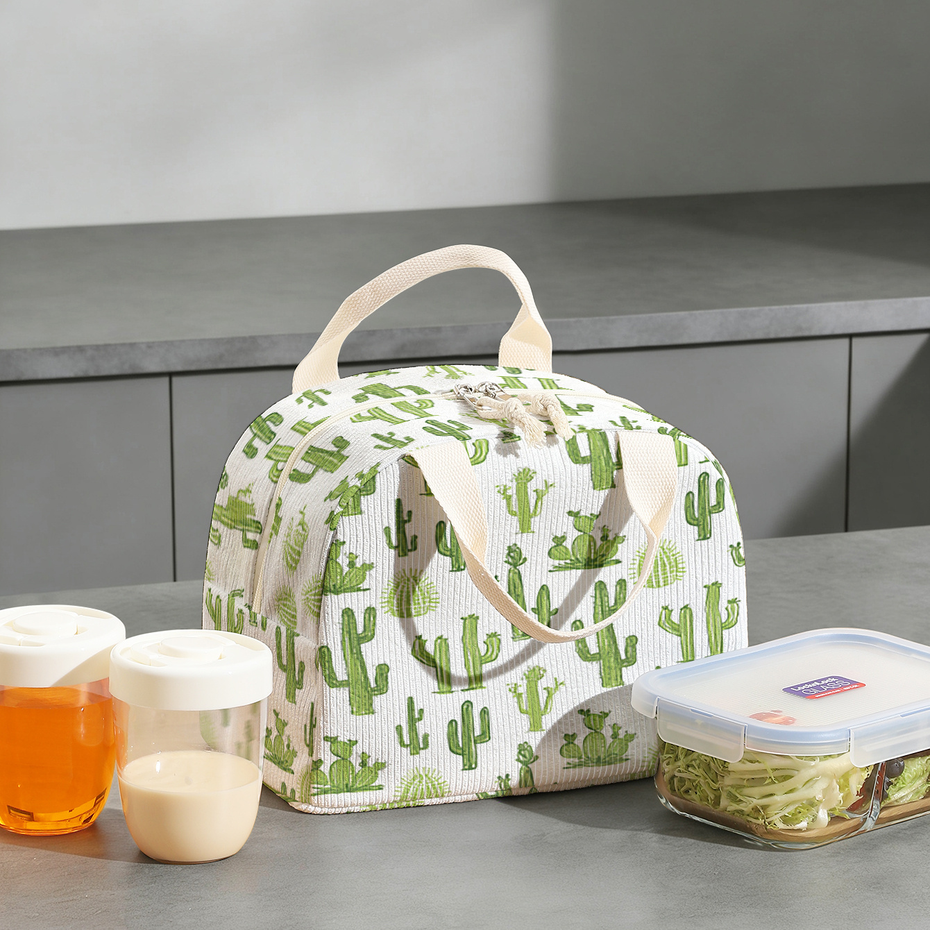 Bolsa de almacenamiento para lonchera de pana con estampado 2D y diseño de cactus verde, sin contacto con alimentos, gran capacidad, bolsa de almacenamiento portátil para lonchera, ideal para estudiantes, empleados de oficina y viajes