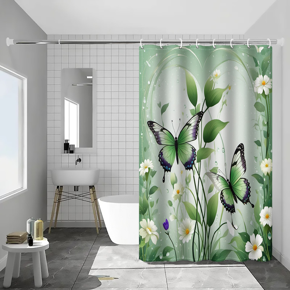TEMU 1pc Green Green Leaves White Flowers Heart-shaped Background Print Shower Curtain, Modern Bathroom Home Decor With Plastic Hooks, Machine