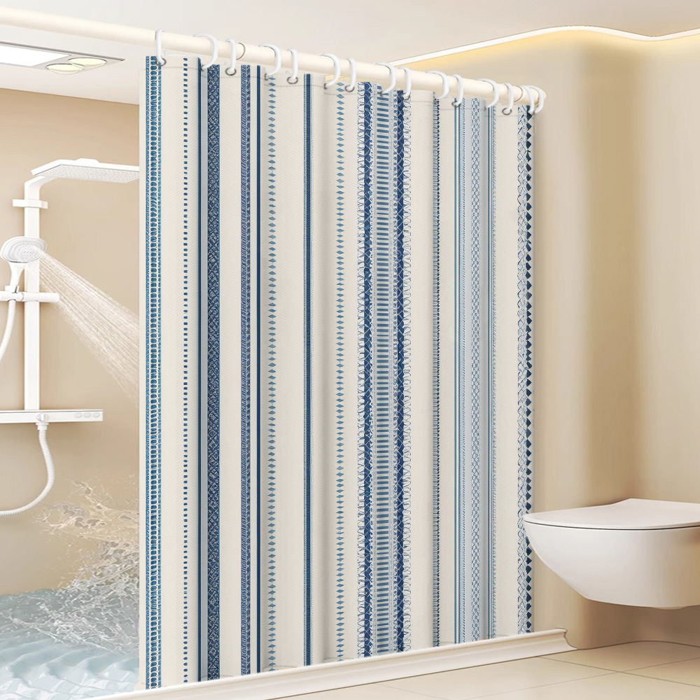 TEMU 1pc Blue White Vertical Stripe Easy Printed Shower Curtain, Modern Bathroom Home Decor With Plastic Hooks Suitable For Machine Washable Curtains
