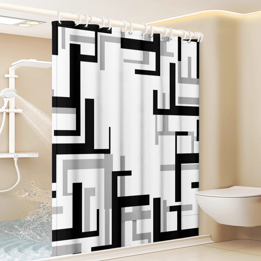 TEMU 1pc Black, White, And Gray Geometric Line Pattern Printed Shower Curtain, Modern Bathroom Home Decor With Plastic Hooks, Suitable For Home And