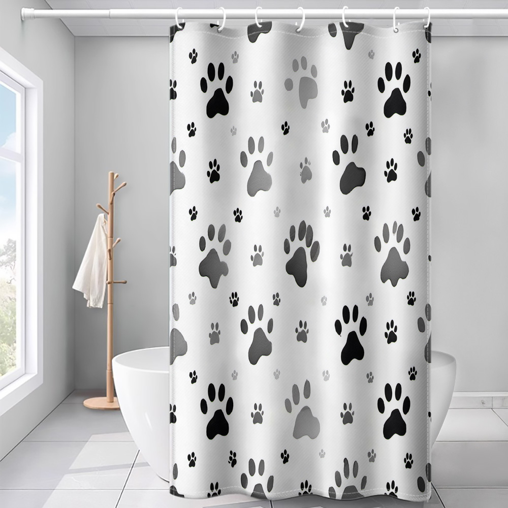 TEMU 1pc Of Black, White, And Gray Paw Print Patterned Shower Curtain, Modern Bathroom Home Decor With Plastic Hooks, Suitable For Home And Hotel