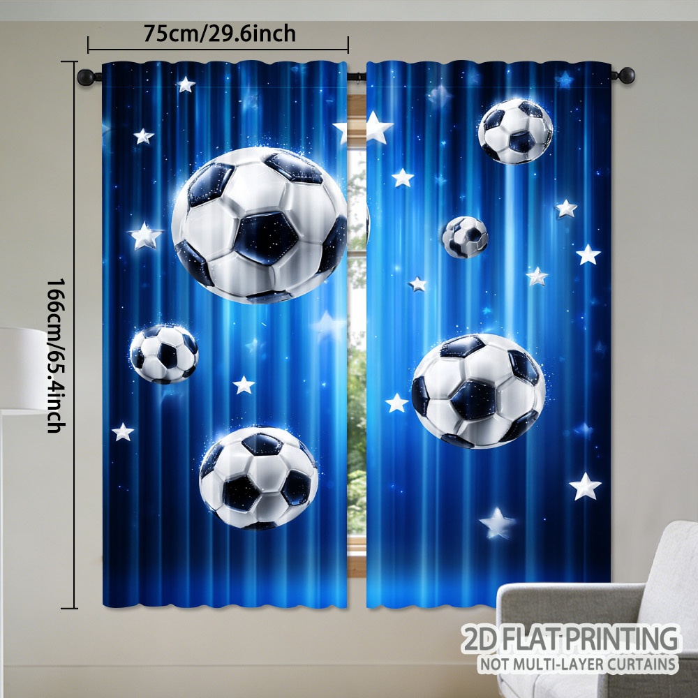 TEMU 2d Flat - 2d Flat - Set Of 2 Semi-transparent Polyester Curtains Featuring A Soccer Ball And Design, Unlined, Lightweight And Durable, Ideal For
