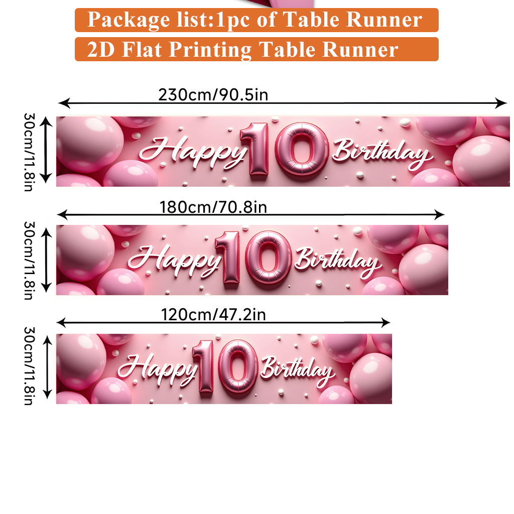 TEMU 1 2d Table Flag, Pink Themed Birthday Balloons With Ten, Polyester Rectangular Tablecloth, Reception Table Flag, Festive Tabletop Decoration