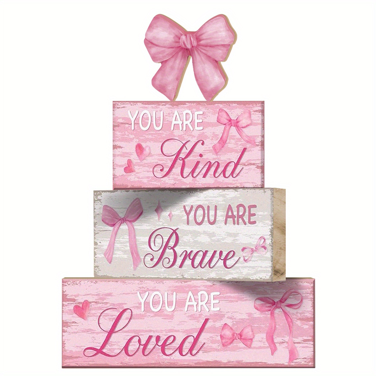 TEMU 4pcs Pink Bow Room Decor | Bow Tiered Tray Decor Your Are Kind, Brave, Centerpiece Wooden Signs For Farmhouse Home Office Entryway Preppy
