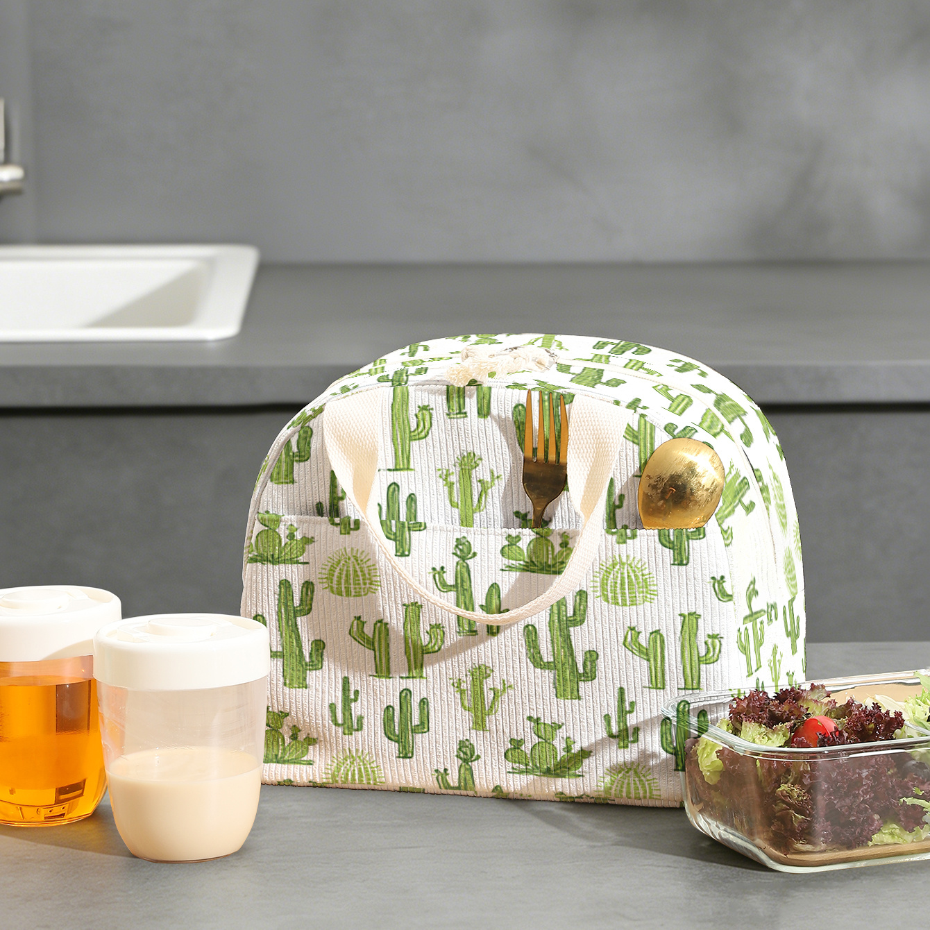 Bolsa de almacenamiento para lonchera de pana con estampado 2D y diseño de cactus verde, sin contacto con alimentos, gran capacidad, bolsa de almacenamiento portátil para lonchera, ideal para estudiantes, empleados de oficina y viajes