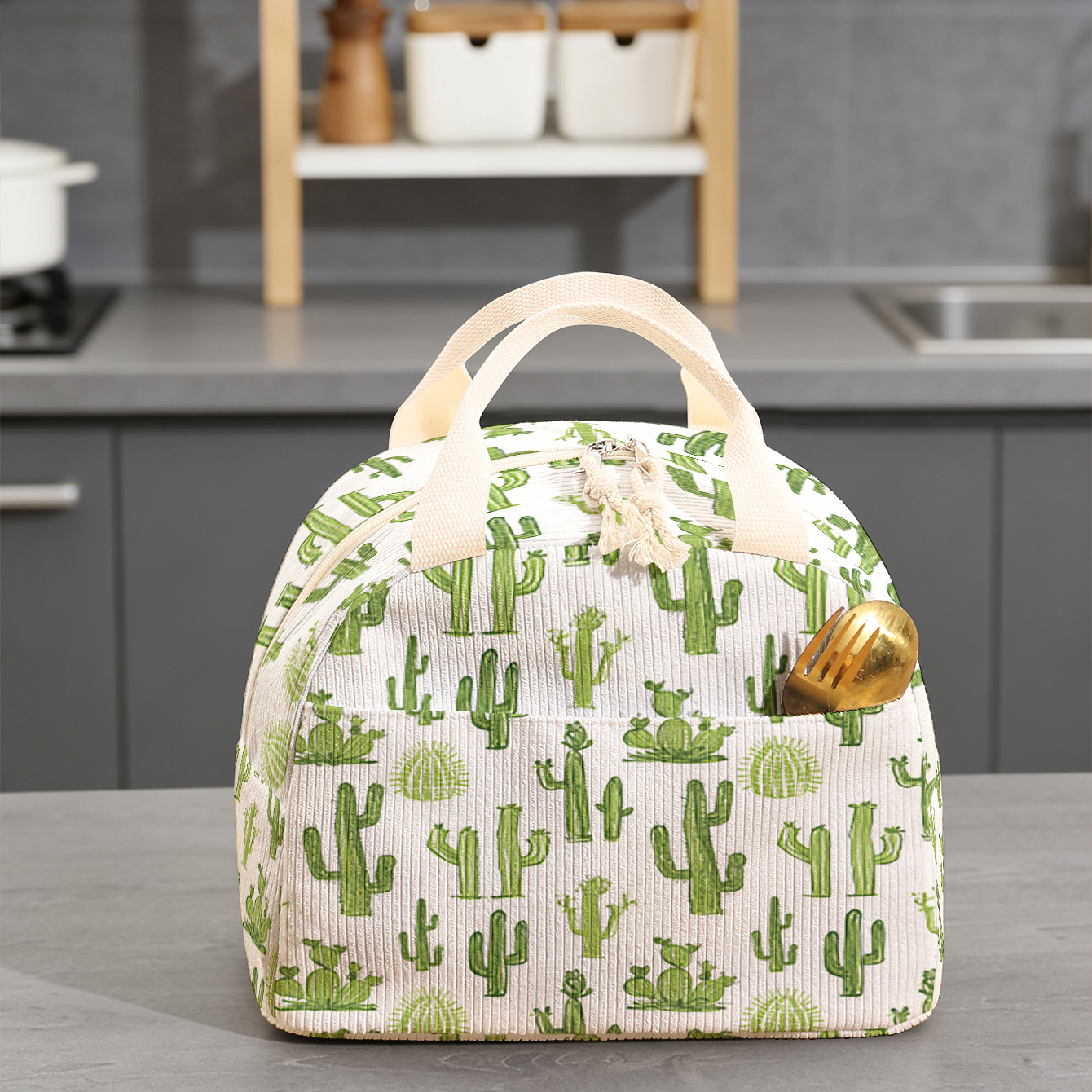 Bolsa de almacenamiento para lonchera de pana con estampado 2D y diseño de cactus verde, sin contacto con alimentos, gran capacidad, bolsa de almacenamiento portátil para lonchera, ideal para estudiantes, empleados de oficina y viajes
