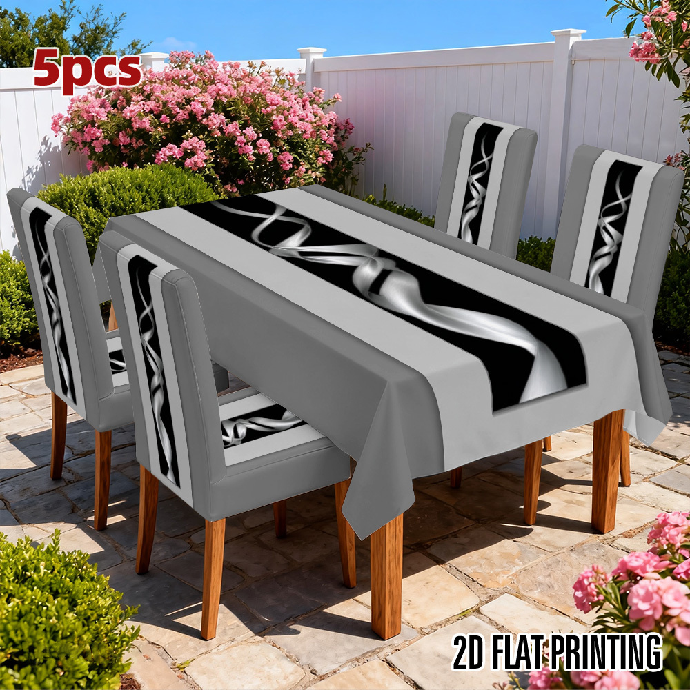 TEMU 2d Flat Printing 4/5/6/7pcs Abstract Modern Swirl Elegant Art Chair Cover And Tablecloth Set, & Setup, Fits Restaurant, Picnics, Indoor Use,