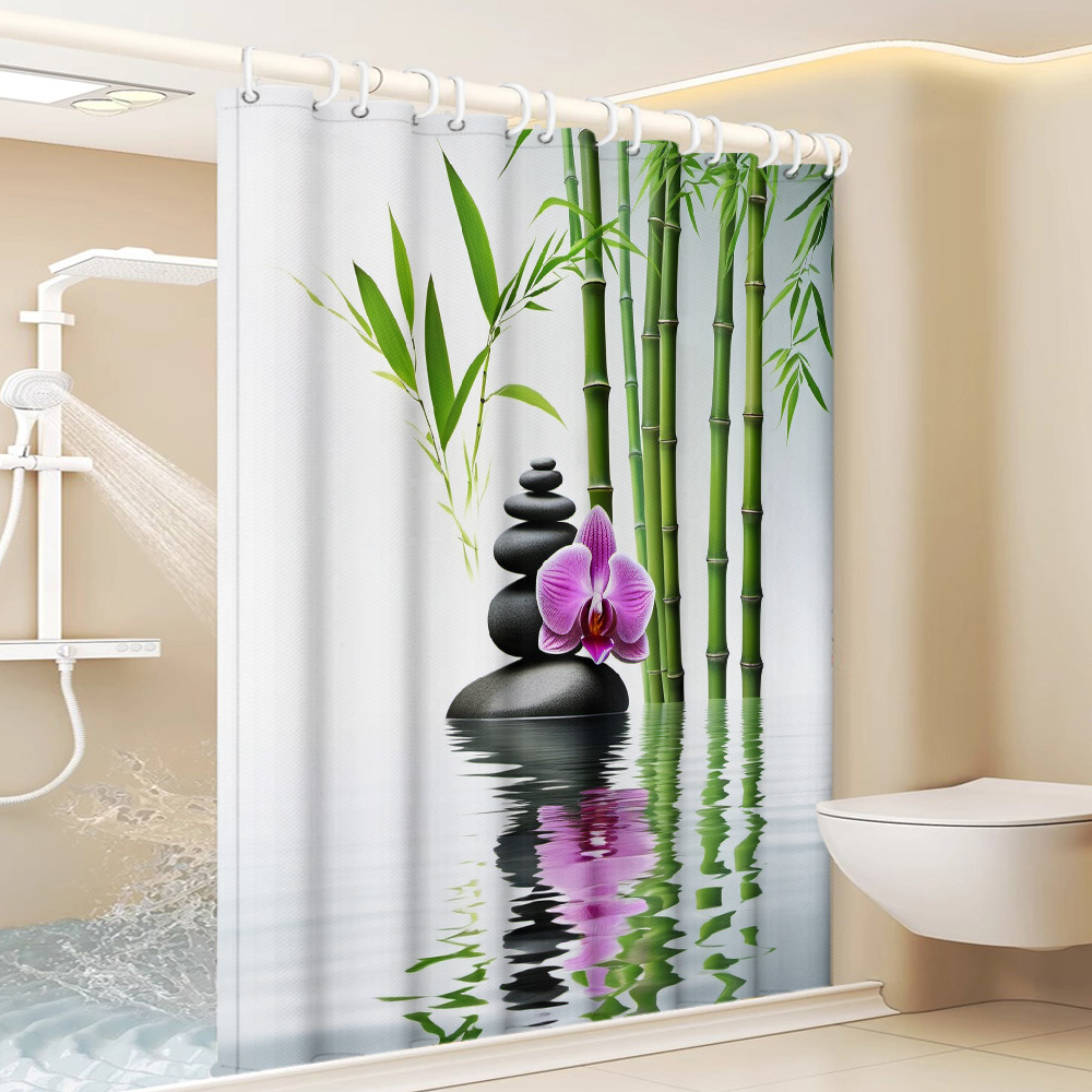 TEMU 1pc, Stacked Stones, Orchid Printed Shower Curtain, Modern Bathroom Home Decor With Plastic Hooks, Suitable For Home And Hotel, Machine Washable