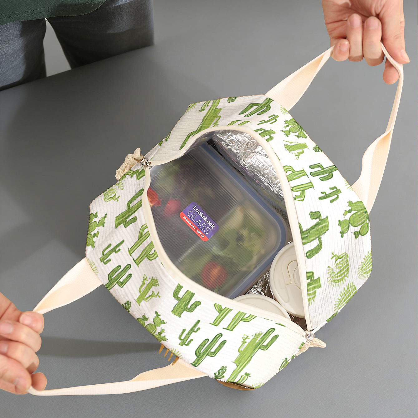 Bolsa de almacenamiento para lonchera de pana con estampado 2D y diseño de cactus verde, sin contacto con alimentos, gran capacidad, bolsa de almacenamiento portátil para lonchera, ideal para estudiantes, empleados de oficina y viajes