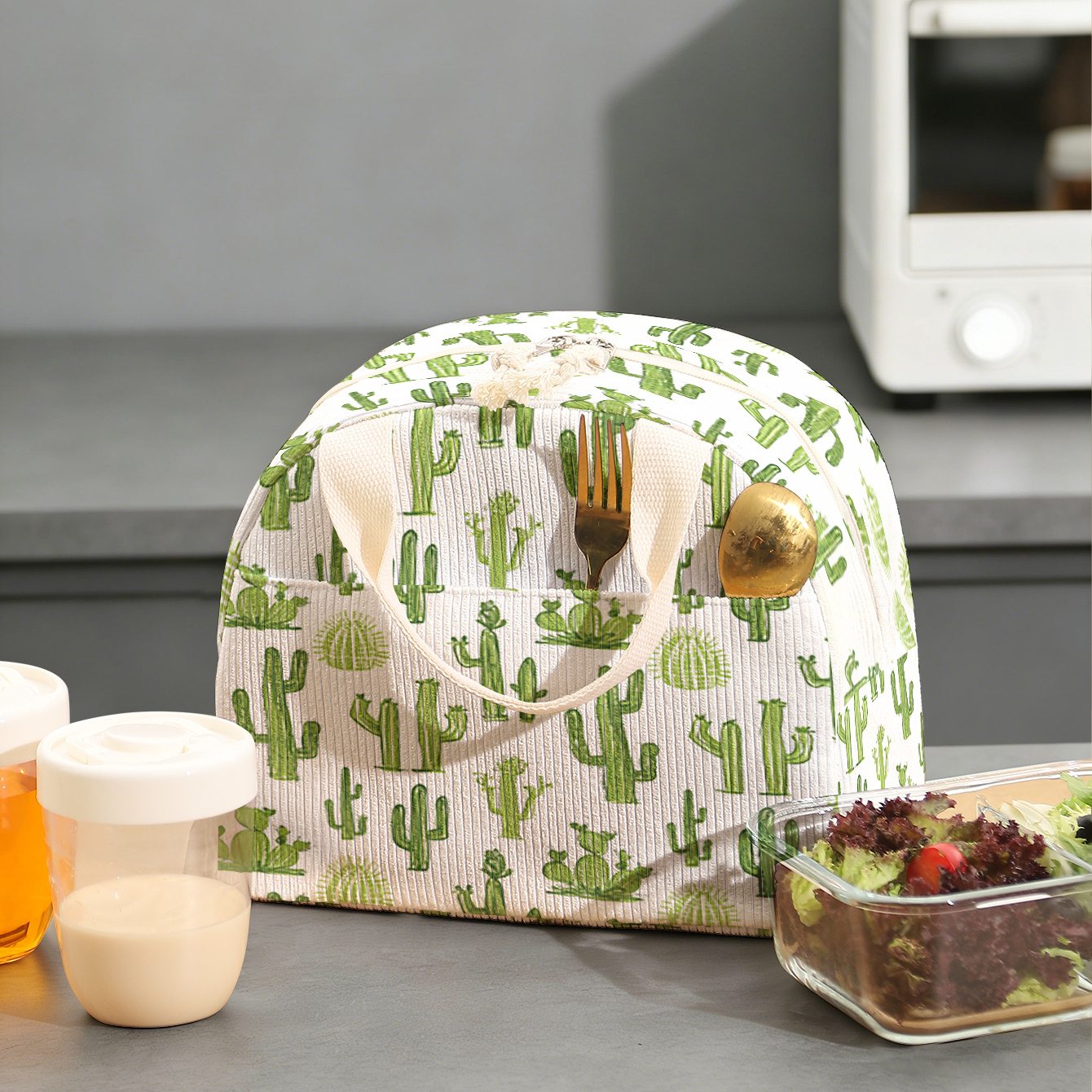 Bolsa de almacenamiento para lonchera de pana con estampado 2D y diseño de cactus verde, sin contacto con alimentos, gran capacidad, bolsa de almacenamiento portátil para lonchera, ideal para estudiantes, empleados de oficina y viajes