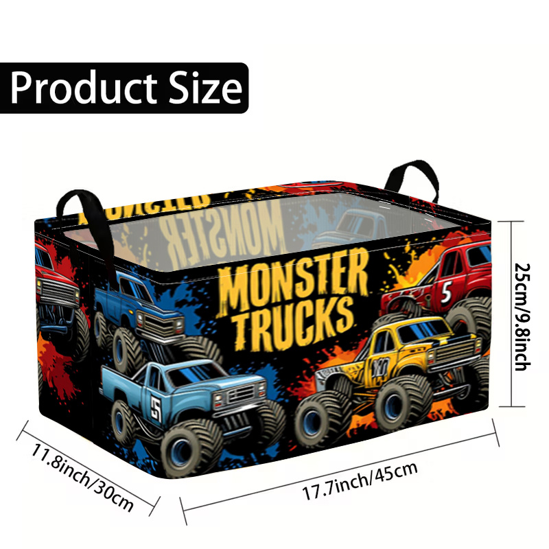 TEMU 1pc Monster Truck Storage Basket With 4 Truck - Heavy-duty For Room,, Car Trunk - Storage Box, Rectangular Basket With Monster Truck Branding