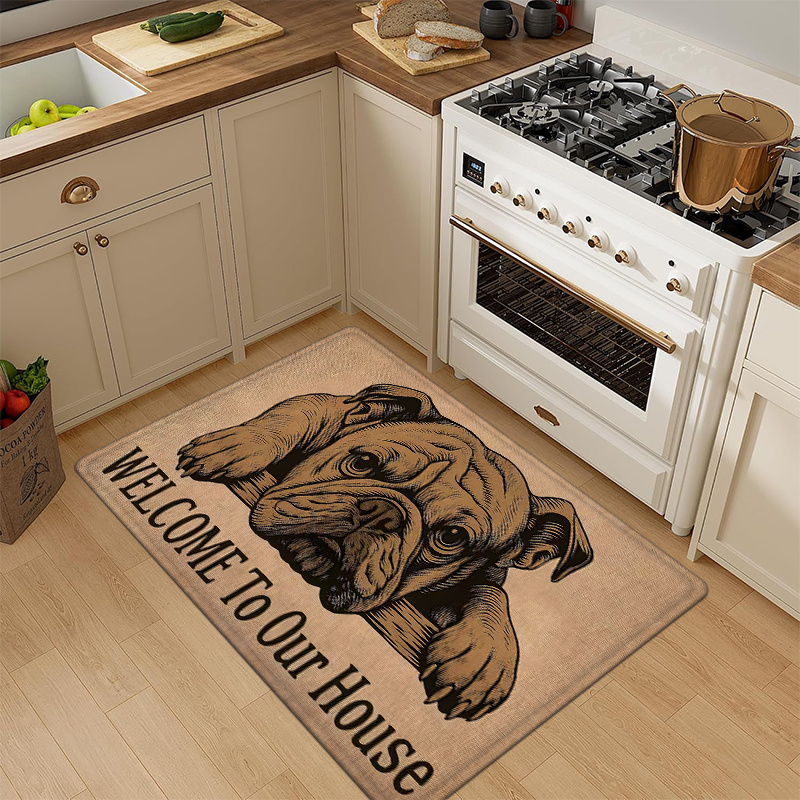 TEMU Bulldog Pattern Doormat, Home Decor Carpet! The Bulldog Is Adorable, With The Warm Text "welcome To " Printed Below. This Mat Is Lightweight,