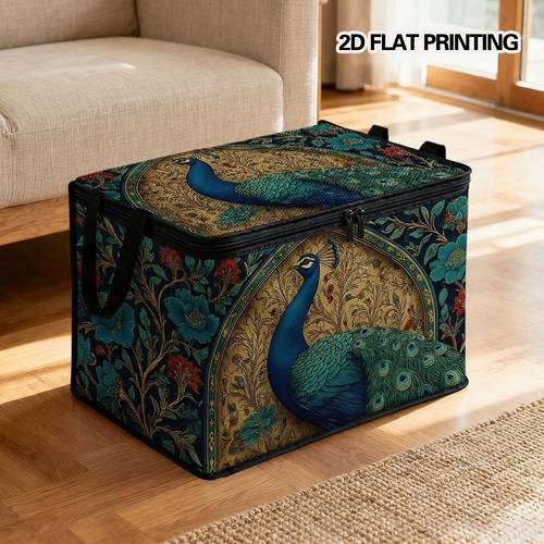 item picture storage bin with lids featuring a peacock and made of soft fabric ideal for organizing clothes in wardrobes under beds laundry rooms or during moving great for storing seasonal clothing bedding and towels