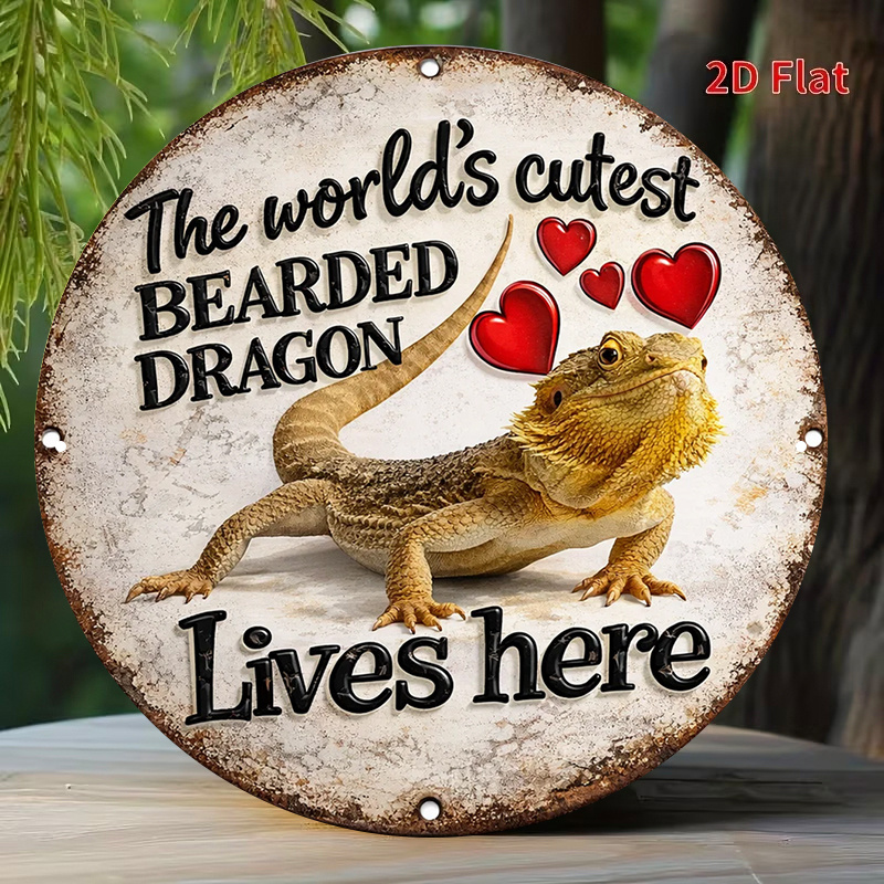 TEMU 1pc, 20.32x20.32 Cm Round Aluminum Sign, Vintage Decorative Plaque With "the World's Cutest Bearded Dragon Lives Here" Design, Adorable Lizard