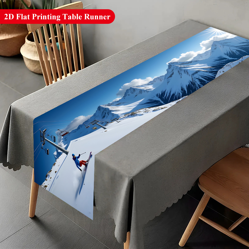 TEMU 2D Platte Tafelkleed 1 stuks, Skiërs die van de Sneeuwberg Skiën Polyester Tafelkleed, Geschikt voor Feestdecoratie, Eettafelkleed voor Thuis,