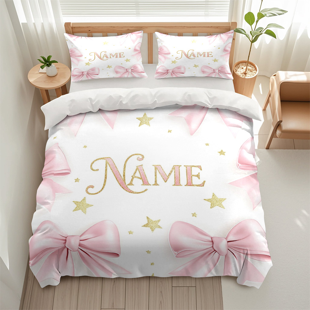 TEMU Customized 3pcs Pink Bows Stars Themed Bedding, Custom Name/text Bedding Of 3pcs (one Duvet Cover And 2 Pillowcases) For Bedroom Home Dorm