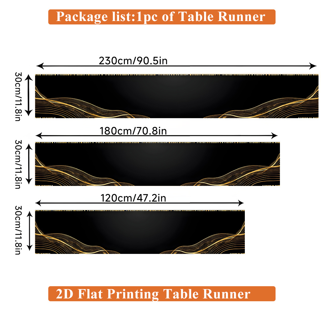 TEMU 1pc Of 2d Flat Printed Table Runner Featuring Golden Lines On A Black Background, Made Of Polyester. Ideal For Party Decorations, Home Dining