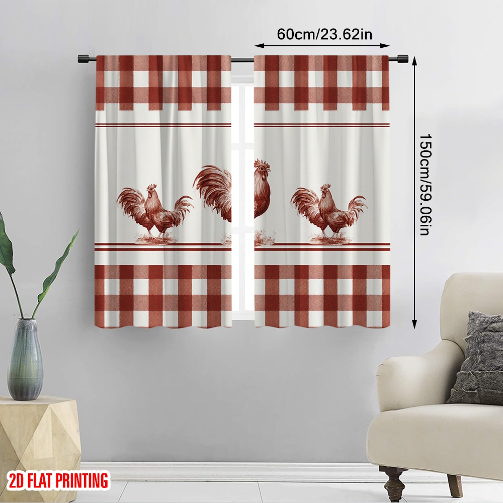 TEMU Rideaux de Fenêtre Imprimés 2D Plats, 2pcs, Motif Coqs Rouges à Carreaux Rouges, Imprimés Numériquement, Décoration Saisonnière pour Fêtes et