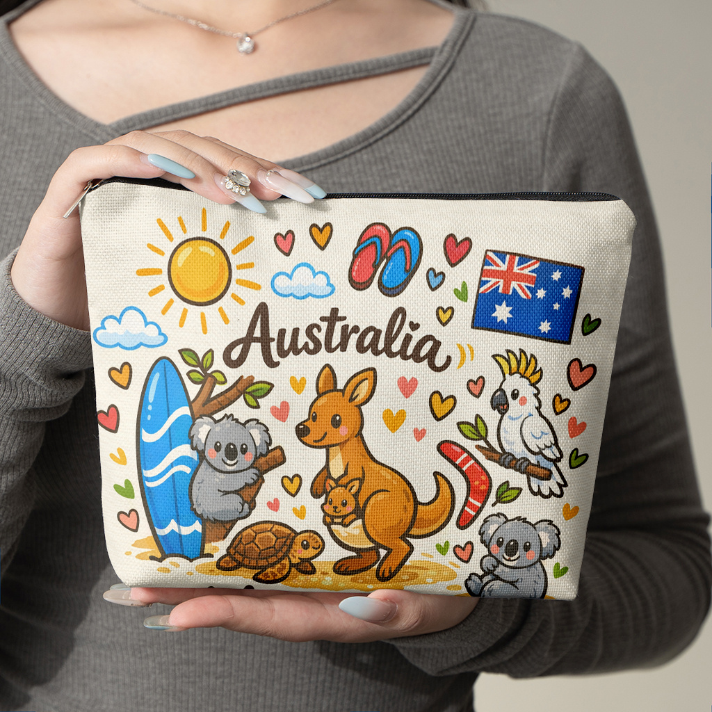 TEMU 1pc Makeup Bag, Australian Travel Souvenir Illustration Linen Cosmetic Bag, Portable Foldable, Zipper Closure, Unisex, Ideal For Friendship,