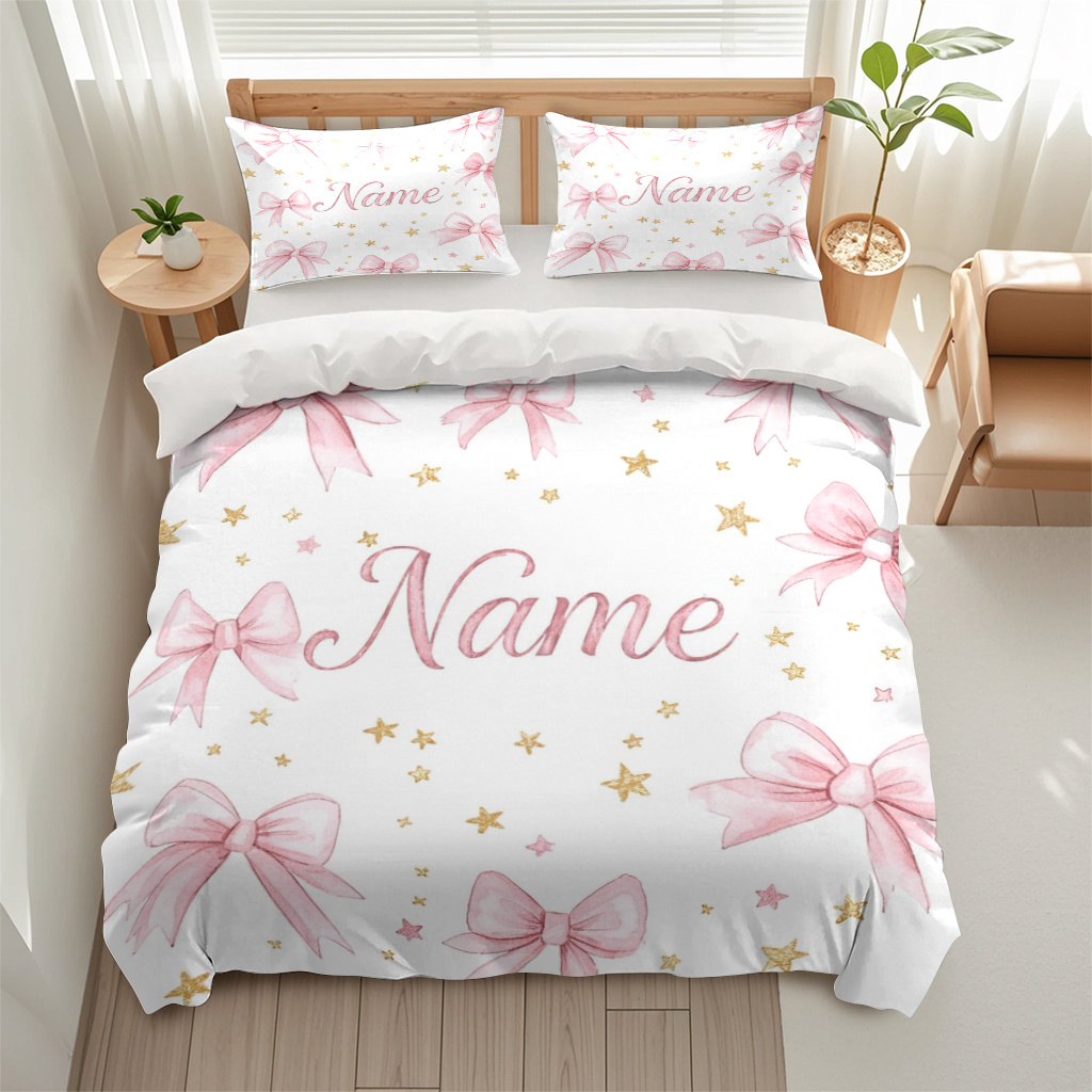 TEMU Linge de lit personnalisé 3 pièces avec thème arc rose et étoiles, comprenant un nom/ personnalisé. Cet ensemble une housse de couette et taies