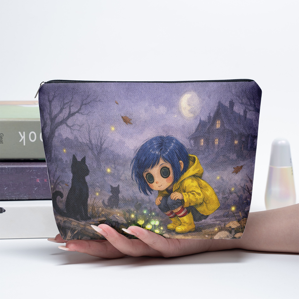 TEMU 1 Trousse de Maquillage, "Chat dans une Nuit de Forêt" en Lin, Pochette à Cosmétiques Légère à Fermeture Éclair pour Femme, Trousse de Toilette
