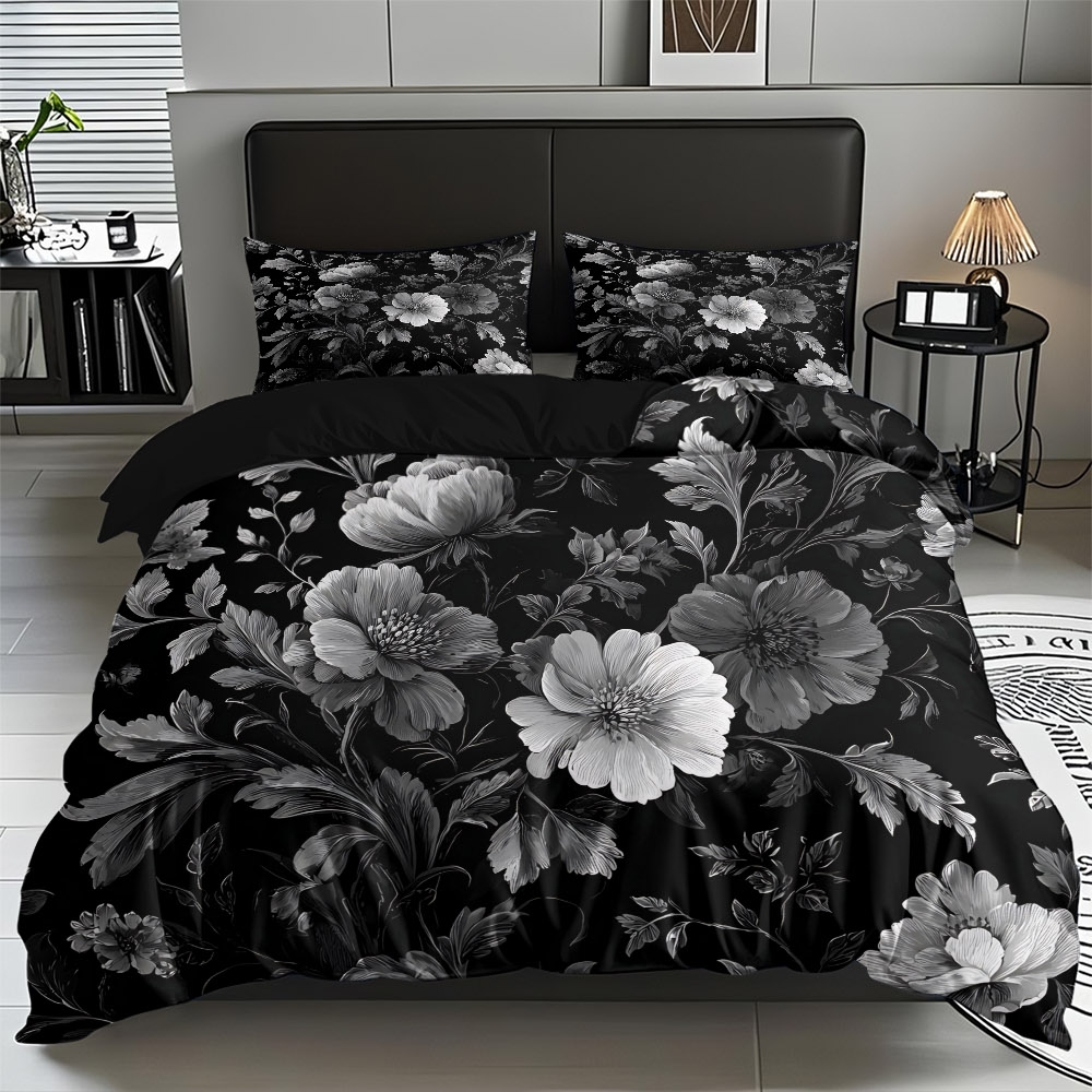 TEMU A Set Of Bedding Featuring A Trendy Black Background With Silver Floral Patterns, In Multiple Sizes. Soft, Skin-friendly, Comfortable, And Warm,