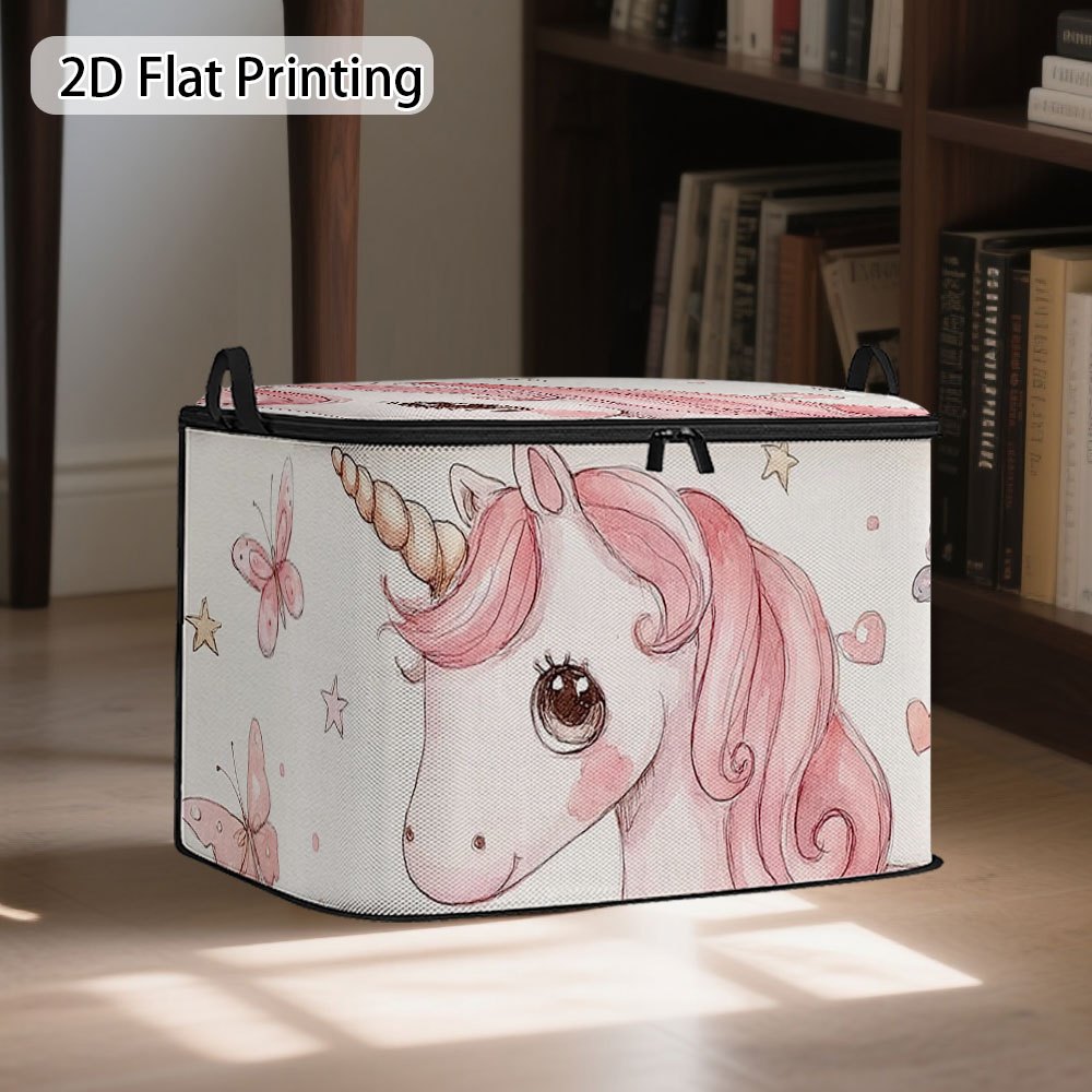 TEMU 1pc Bac de Rangement Licorne & Papillons avec Couvercle - Panier en Tissu Oxford pour Étagère, Organisation de Chambre, Livres, Conteneur