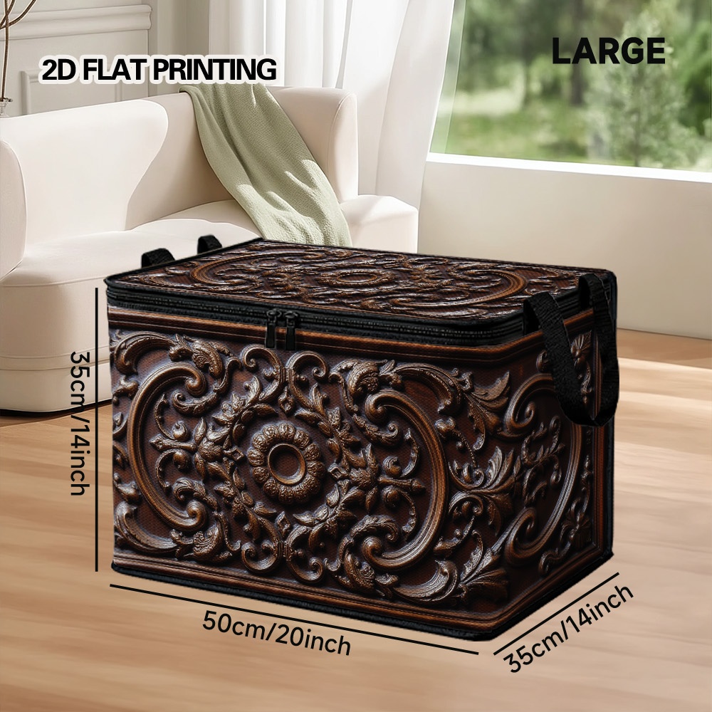 TEMU 1pc 2d Flat Printing Clothing Storage Bin With Lid | Intricate Floral Scrollwork Style, Soft Fabric, Ideal For Wardrobe, Under Bed, Moving