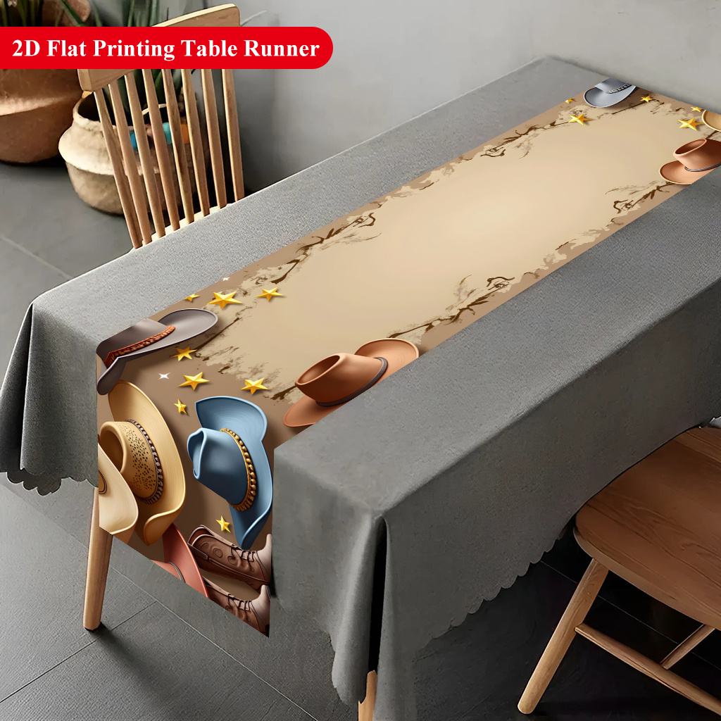 TEMU 1pc 2d Runner, Polyester Table Runner With Cowboy Hat And , Suitable For Party Decorations, Home Dining Tablecloth, Holiday Gathering Decoration