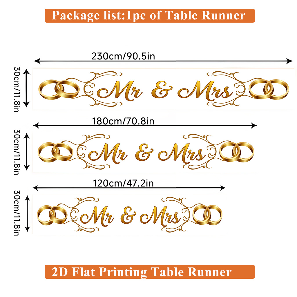 E-shop 2D Flachdruck Tischläufer ., Hochzeitsmotto mit goldenen Ringen Polyester Tischläufer Tischflagge, geeignet für Partydekoration,