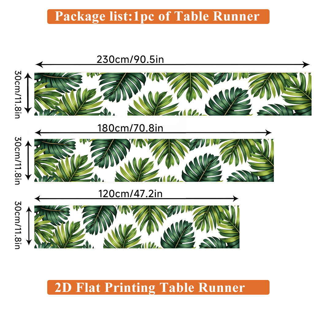 TEMU 2d Flat, 1pc, Green Tropical Plant Leaf Design Polyester Table Runner, Suitable For Party Decoration, Home Dining Tablecloth, Holiday Gathering