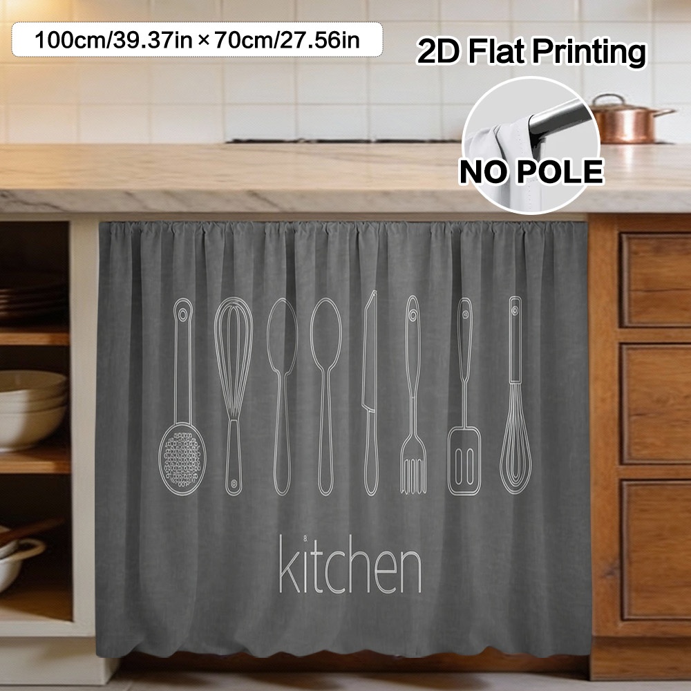 TEMU Rideau et Décoration de Placard 2D Plat (1 pièce) - d'Ustensiles de Cuisine, Polyester Facile à Nettoyer, Design à Poche pour Tringle pour