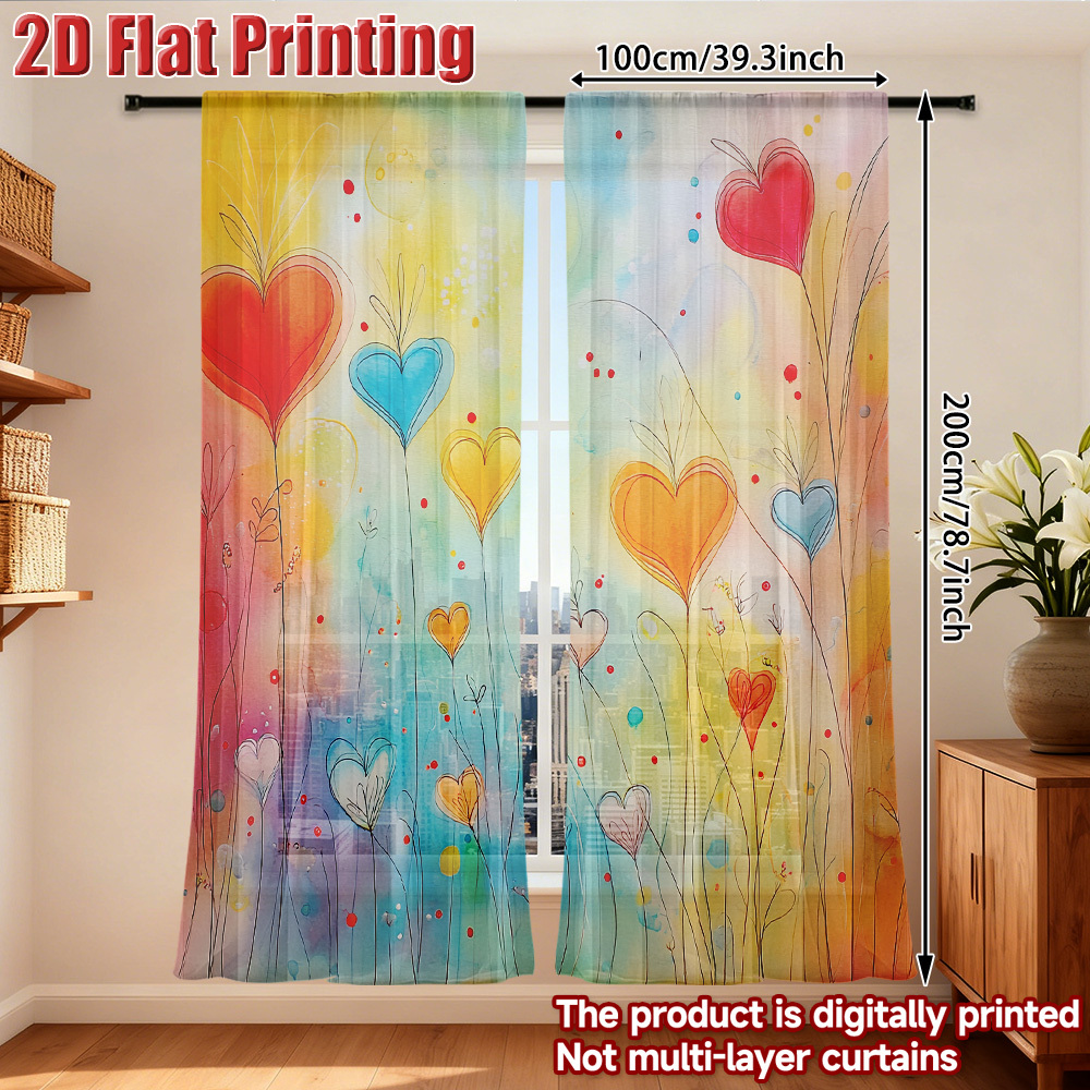 TEMU 2d Flat, 2d Flat Gauze Curtain, 2pcs, Valentine's Colorful Hearts Pattern Modern Chiffon Semi Sheer Curtain Digital Printed Festive