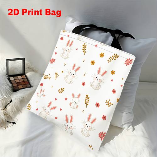 item picture 1 2d printed tote bag featuring an adorable design of rabbits and flowers its reusable and a versatile handbag suitable for casual work and shopping