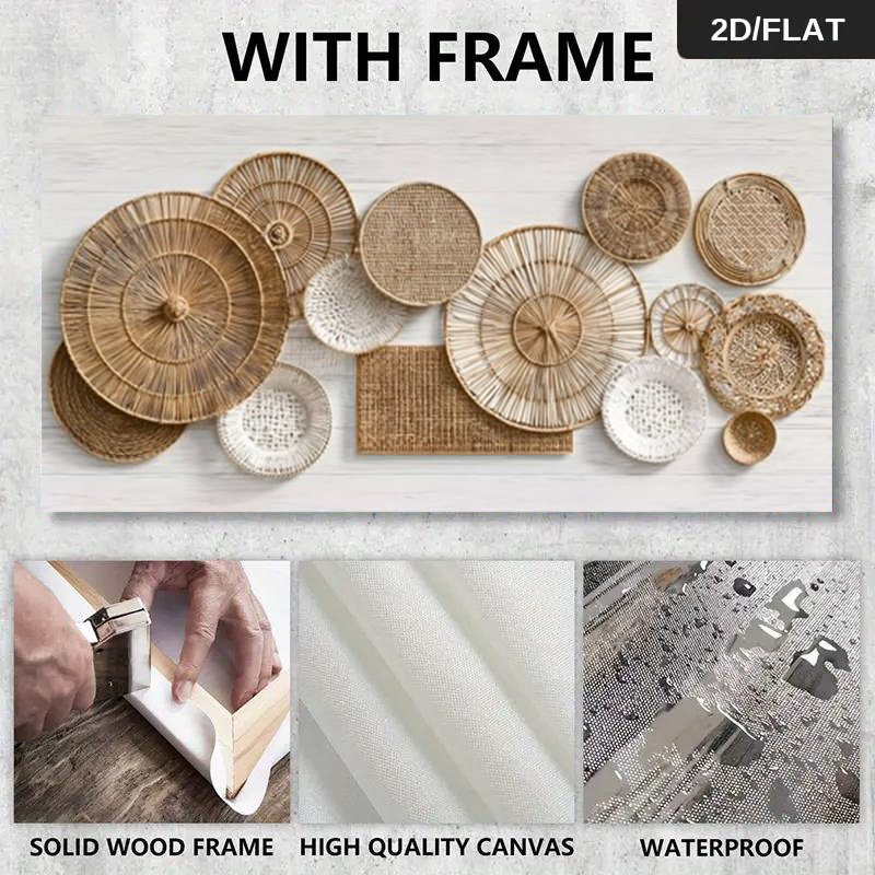 2D Flat, 2D Flat, Framed Modern Abstract Art Featuring Assorted Woven Straw Plates And Mats, Measuring 19.68 by 100.0 cm Or 50 by 100 Centimeters, Perfect for Decorating Living Rooms And Bedrooms with Canvas Prints