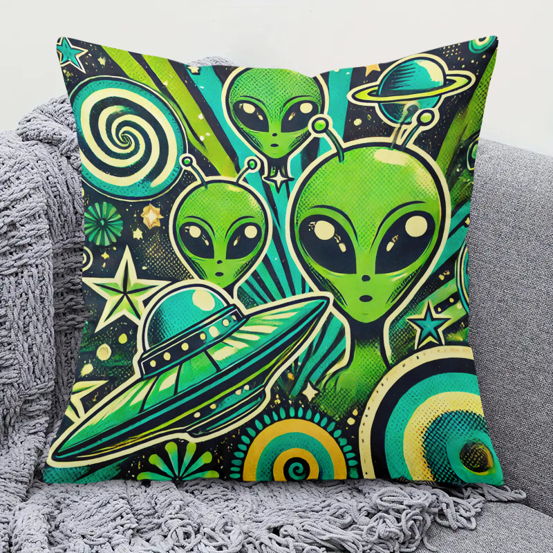 TEMU Pillowcase 1pc, Aliens And Ufo, Square Printed Polyester Pillowcase, Zip Closure, Machine Washable, Suitable For Outdoor Camping And Beach