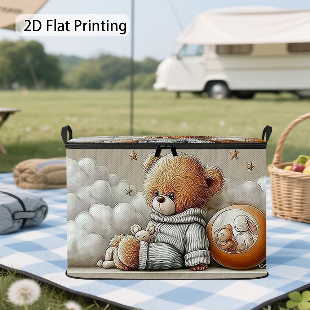 TEMU 1pc Cute Bear With Balloon Storage Basket - Collapsible Oxford Cloth Shelf Bin With Lid, Washable Suitable For, Room,, Clothes Organizer,