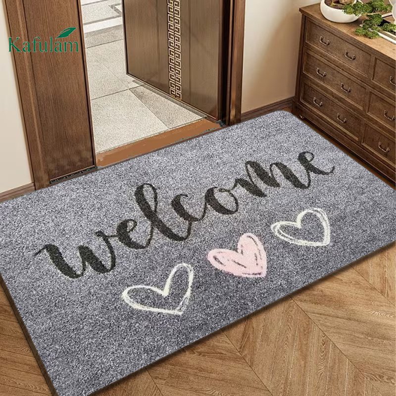 Image of 1pc "welcome" Lettering And 3pcs Heart Flannel Bathroom Anti-slip Mat, 40 X 60cm (15.75 .62 Inches), Multi-sizes . Made Of Flannel Material, Suitable For Bathroom, Entrance, Bedroom, Kitchen, Hallway