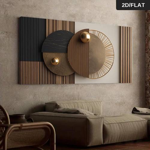 item picture 2d flat a framed modern abstract canvas artwork featuring geometric circular shapes with golden spheres and striped patterns measuring 19 68 by 39 37 inches 50 by 100 cm decorating living rooms and bedrooms